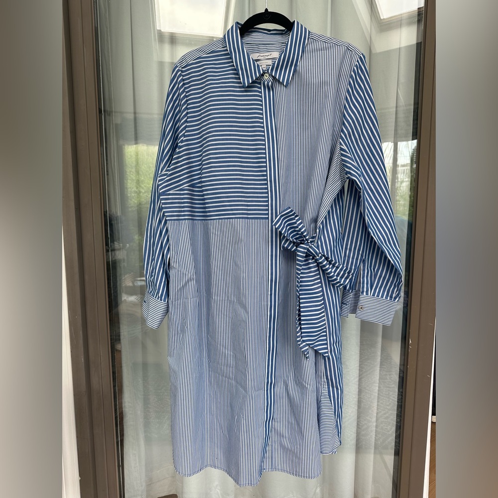 Foxcroft Blue Long Sleeve Dress with Asymmetrical Design